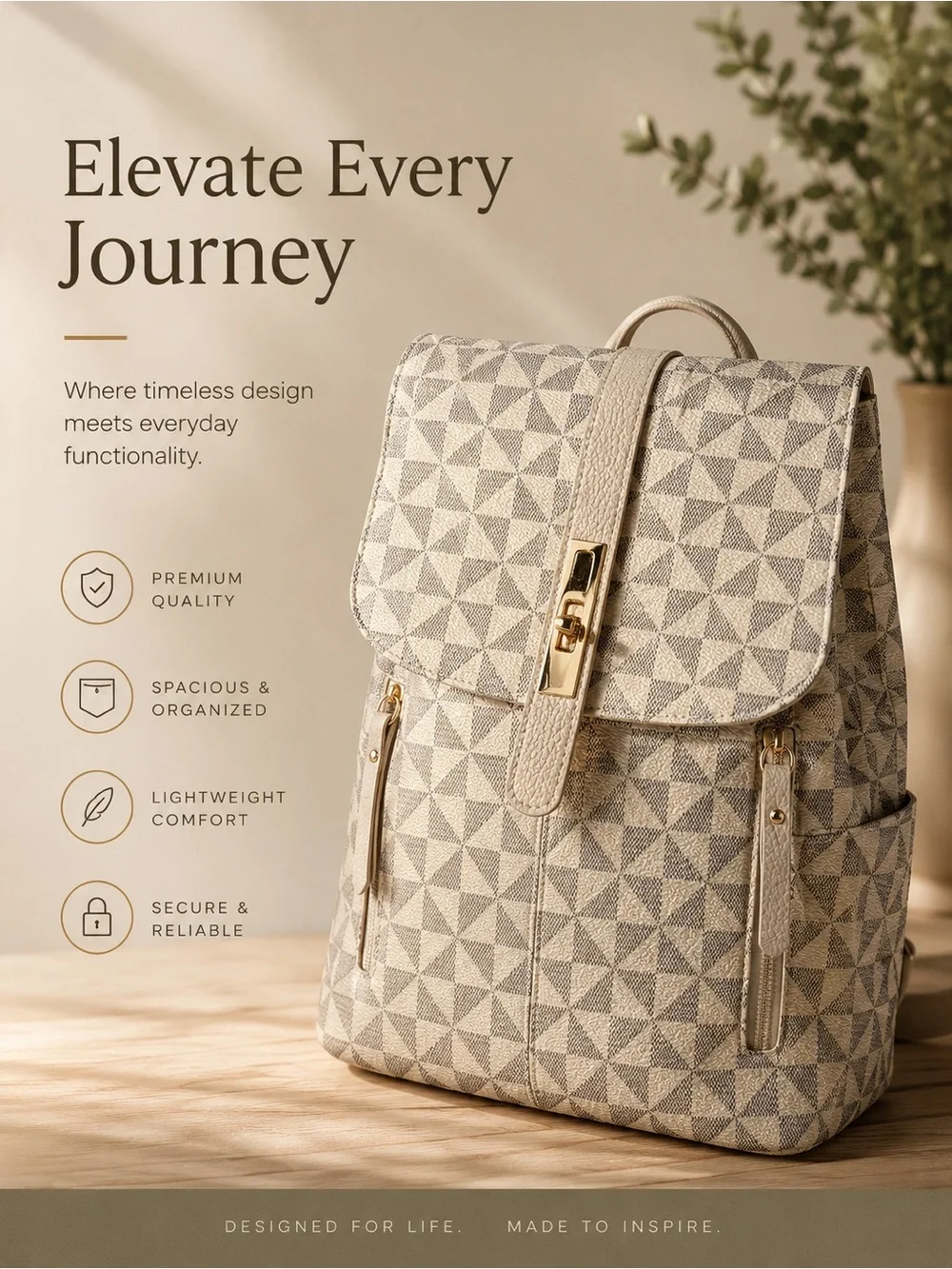 Cream Geometric Canvas Backpack with Gold Hardware